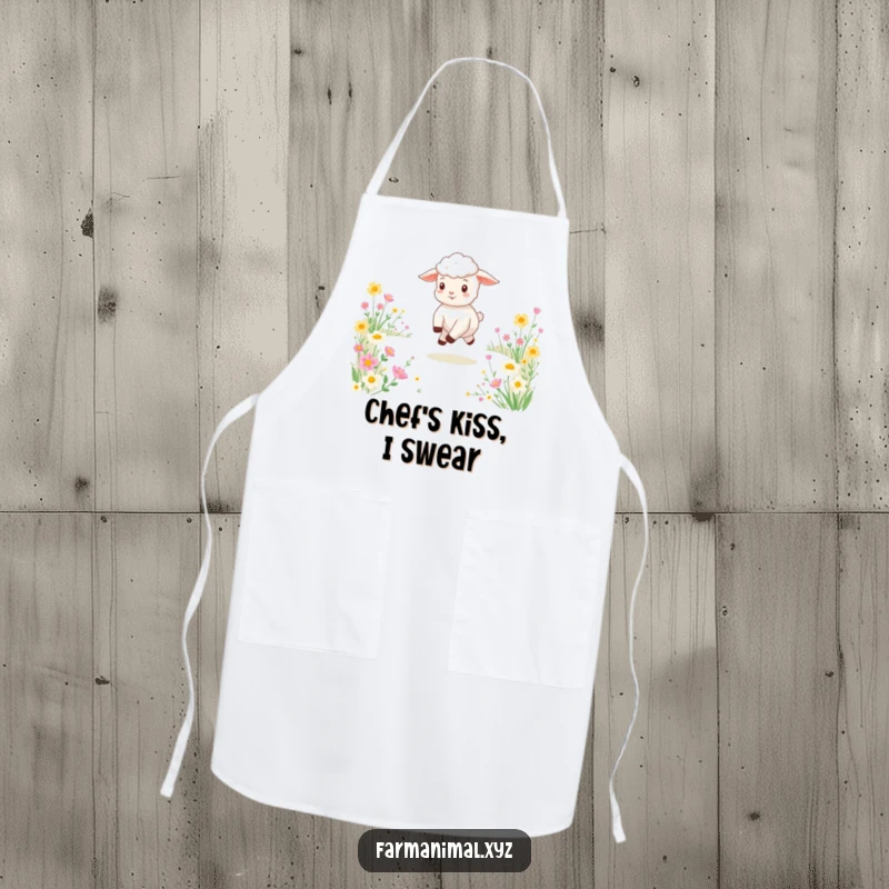 Funny apron adorned with a happy lamb skipping through a vibrant field of flowers, ideal for adding cheer to the kitchen.