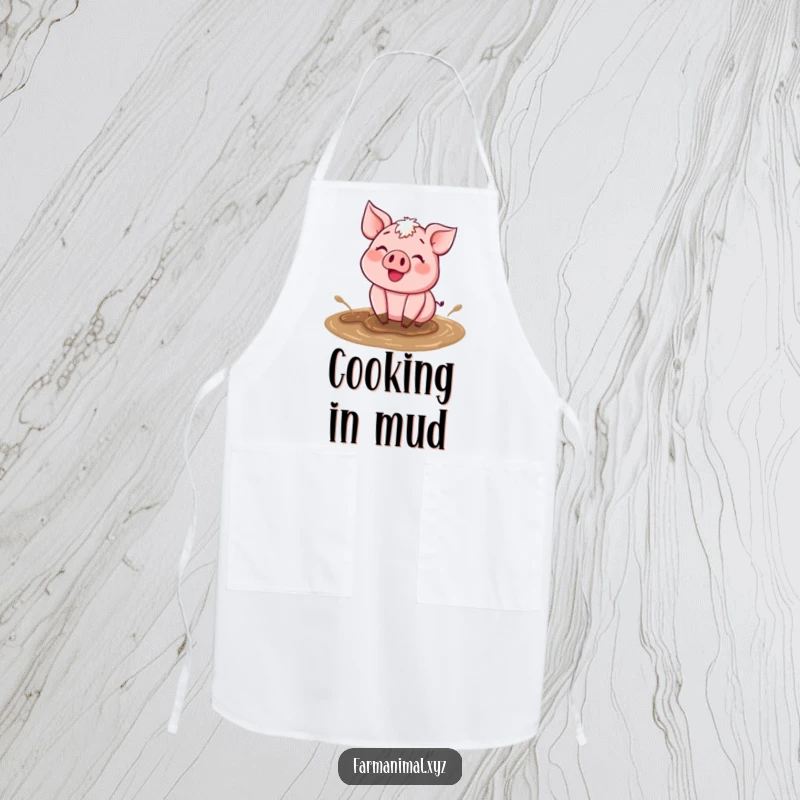 Funny Happy Pig Mud Apron showing a happy pig wallowing in mud, perfect for cooks who enjoy a messy, joyful process.