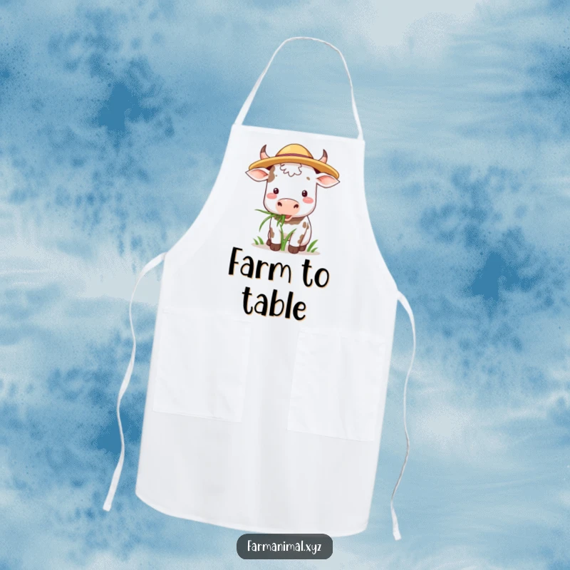 Funny Cow Apron: A cow wearing a straw hat happily chews grass while cooking, adding farm humor to the kitchen.