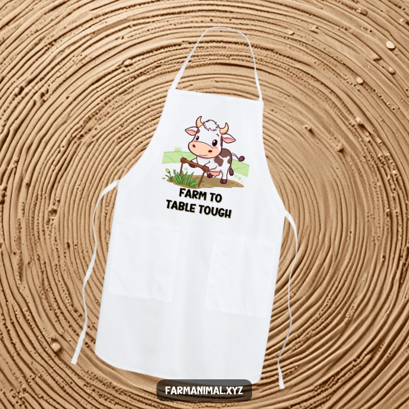 Funny cow apron showcasing a determined smiling character plowing a small field, combining kitchen practicality with humorous farm resolve.