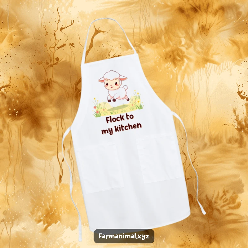 Funny lamb apron showcasing a playful character skipping through a meadow, combining kitchen practicality with whimsical, humorous charm.