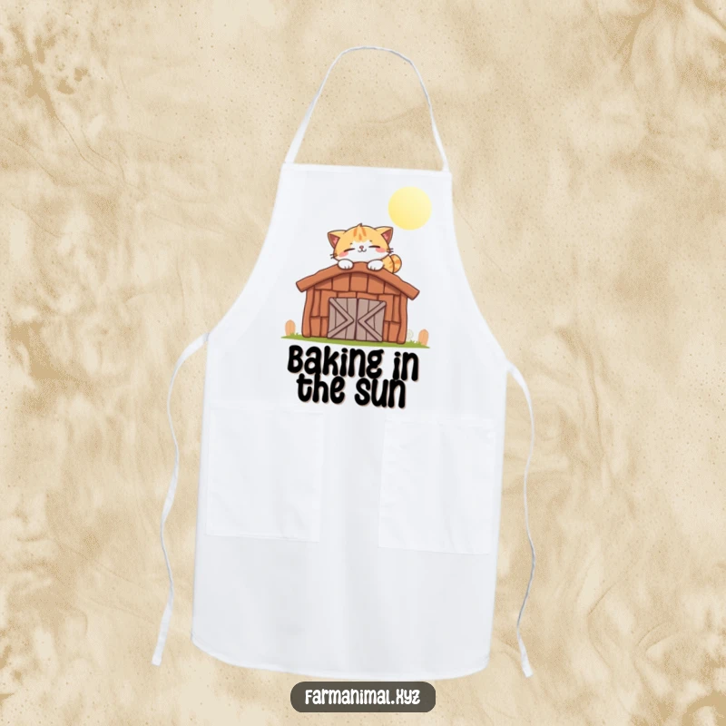 Funny cat apron featuring a smiling cat character happily napping on a warm, sunlit barn roof.