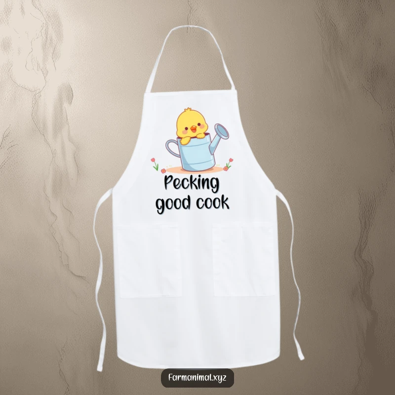 Funny chick pecking playfully at a giant watering can, a humorous and practical apron for kitchen activities.