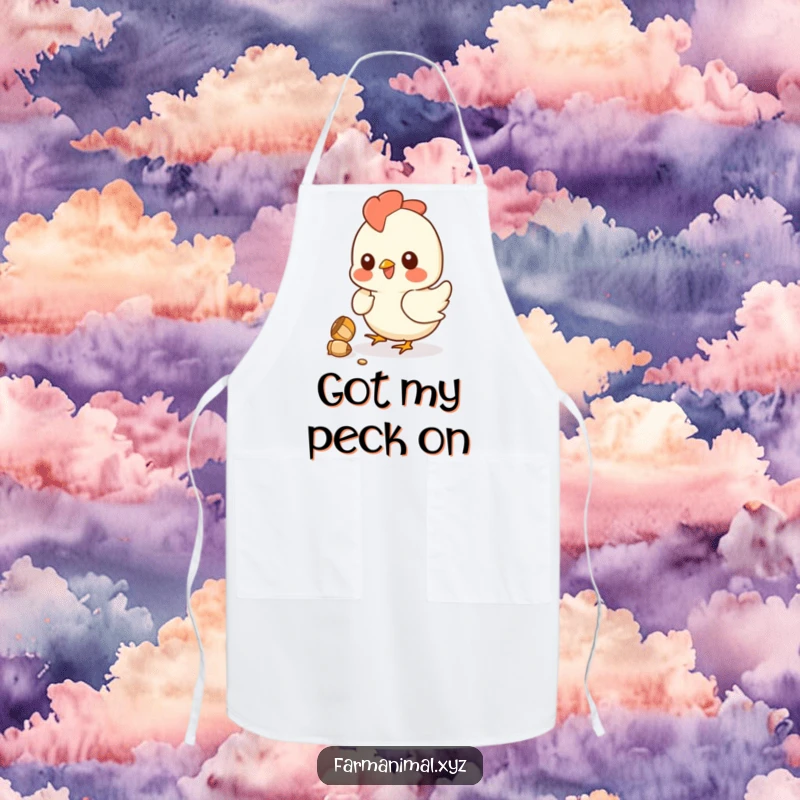 Funny chicken apron showing a smiling hen playfully pecking at a kernel, ideal for kitchen fun and a humorous cooking experience.