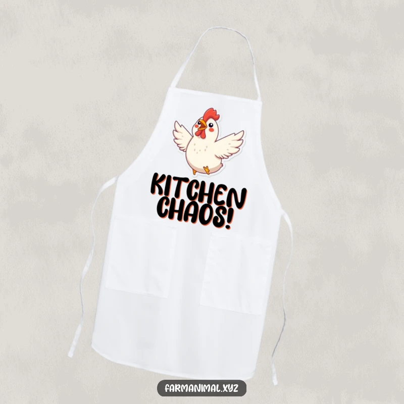 Funny Chicken Apron: An excited chicken flaps its wings while cooking, adding cheerful farm humor to the kitchen.