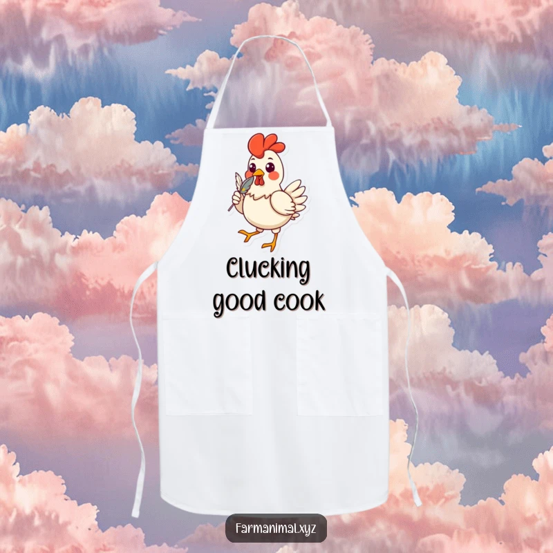Funny chicken apron showcasing a cheerful strutting character with a feather in its beak, perfect for kitchen duties with humorous flair.