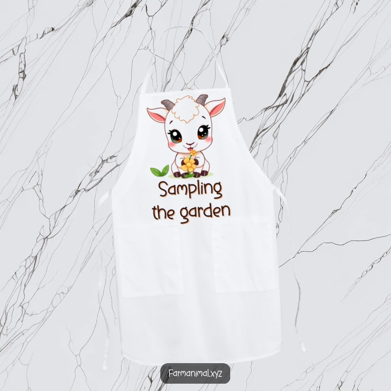 Funny goat apron showing a curious goat with wide eyes, gently nibbling a flower while cooking.