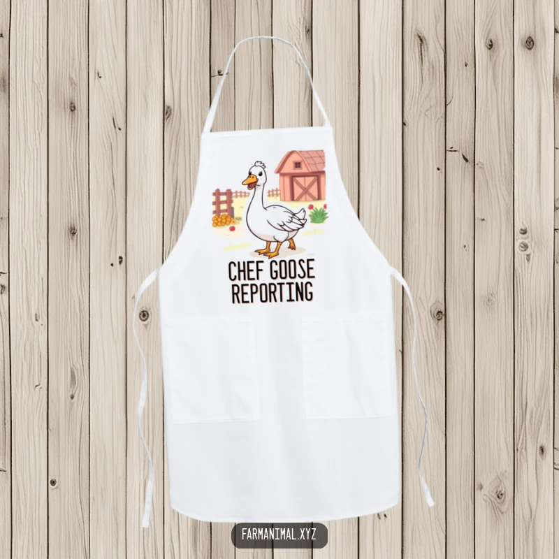 Funny Farm Goose Apron with a happy goose honking while waddling through the farm, ideal for kitchen fun.