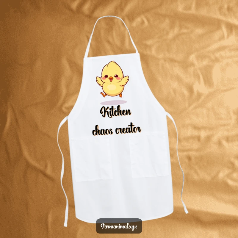Funny chick apron showing a fluffy chick hopping around excitedly, perfect for kitchen fun and protection.