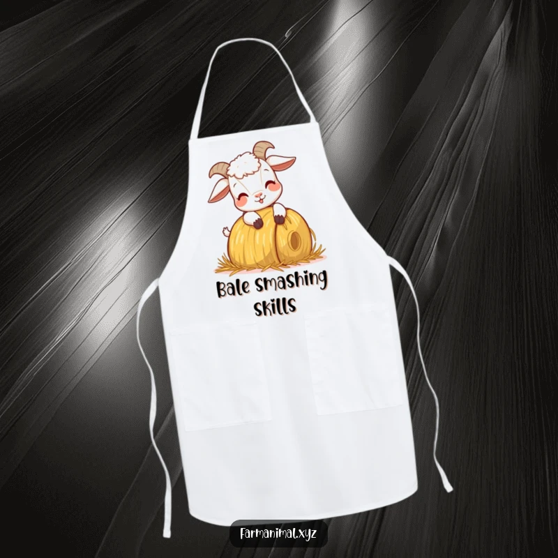 Funny Goat Headbutting Apron, illustrating a goat's playful headbutt on a hay bale, bringing farmyard fun to your cooking attire.