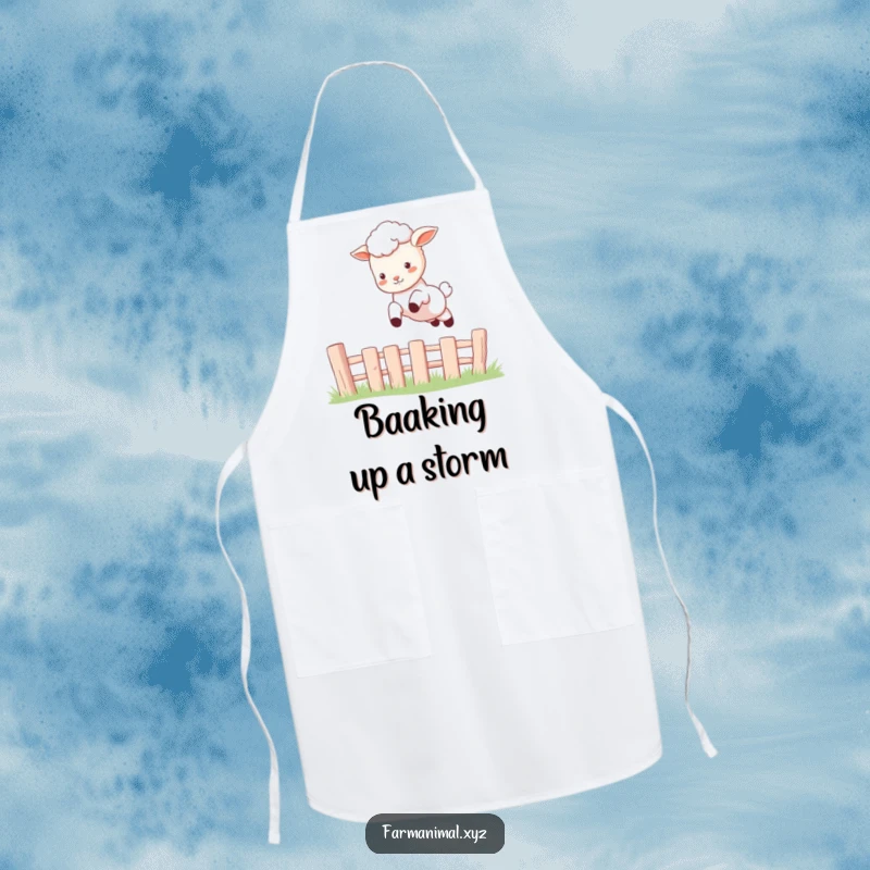 Funny Lamb Apron showcasing a lively lamb leaping joyfully over a fence, designed for cooks who embrace fun and playfulness.