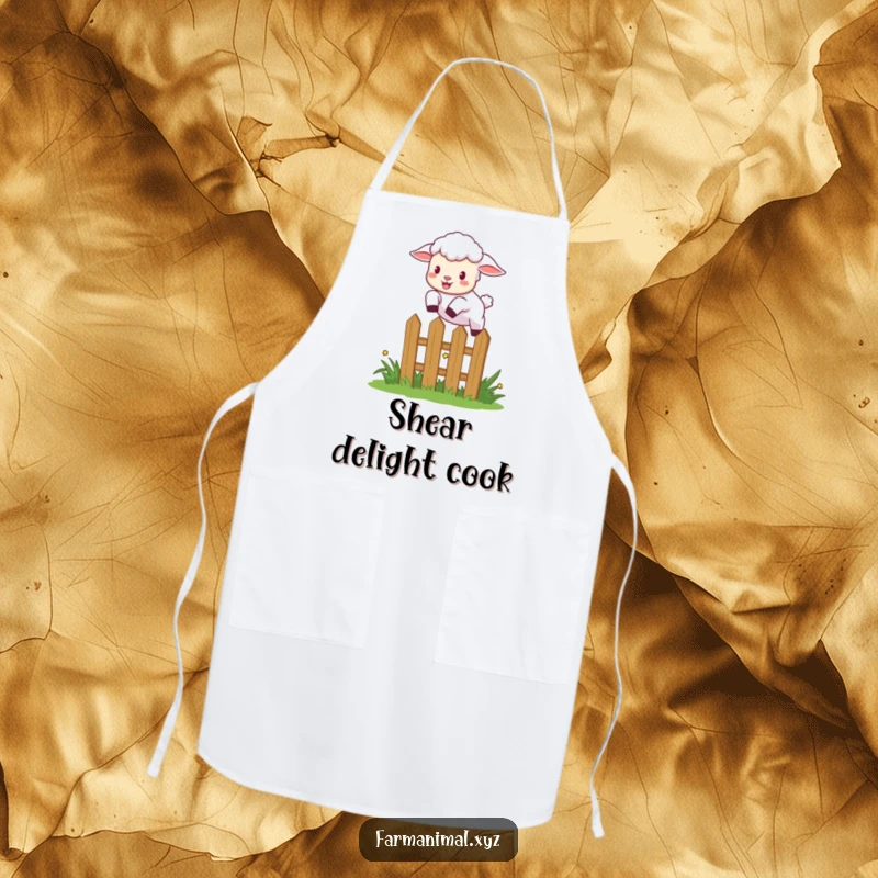 Funny lamb leaping over a small garden fence with excitement, a humorous and practical apron for kitchen activities.
