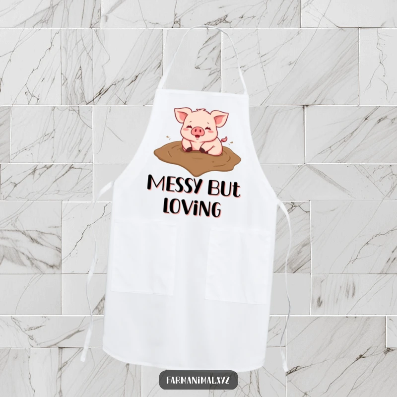 Funny apron with a happy pig rolling in a heart-shaped mud puddle, perfect for kitchen fun.