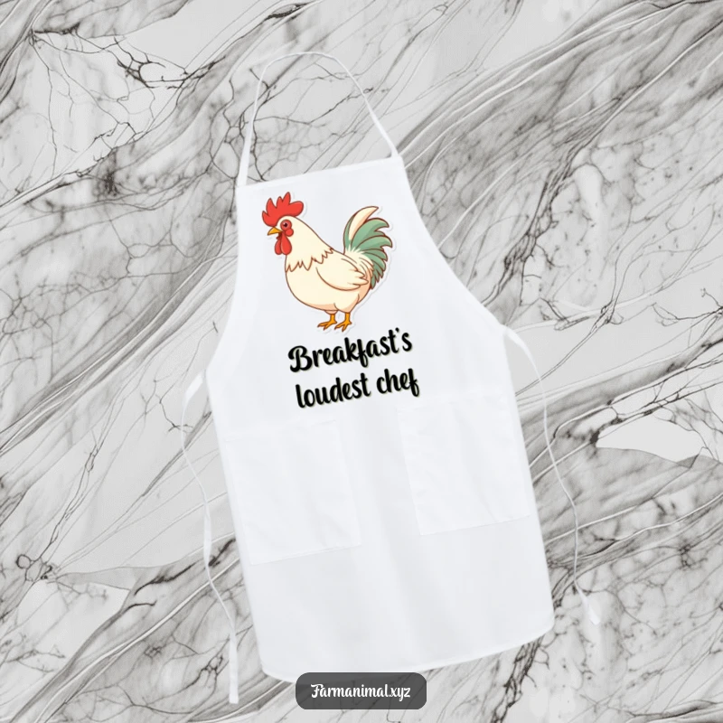 Funny Rooster Crowing Apron, depicting a rooster puffing its chest, ready to crow loudly, adding a humorous farmyard touch to kitchen tasks.