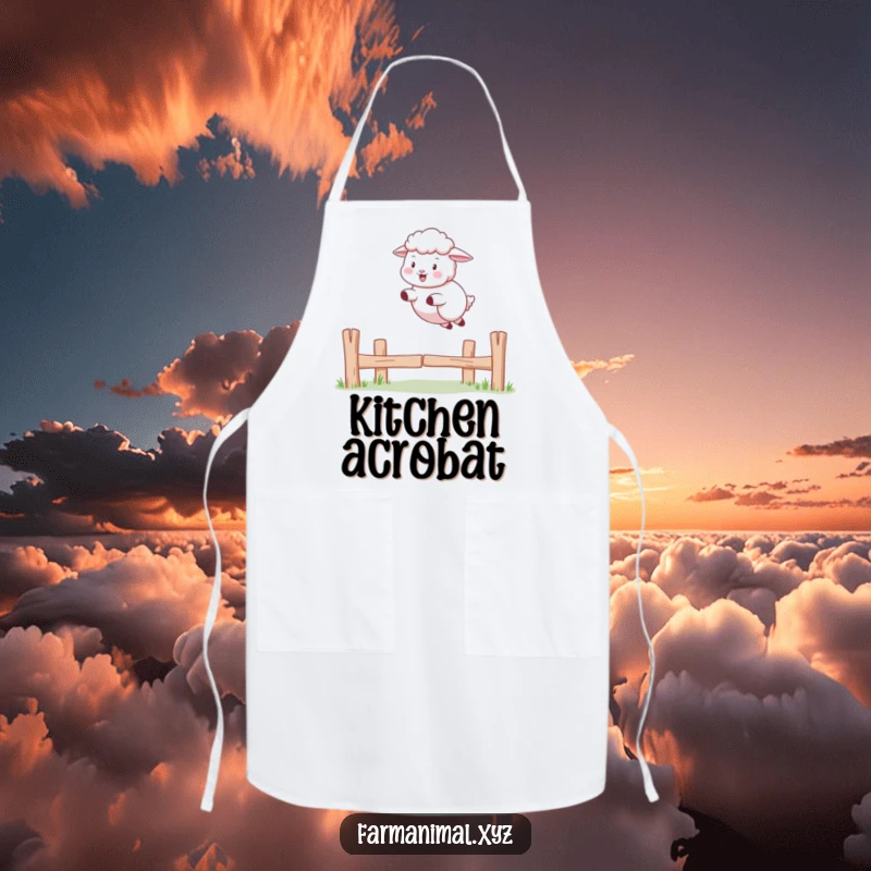Funny Sheep Apron: A sheep playfully jumps over a fence while cooking, adding joyful farm humor to the kitchen.