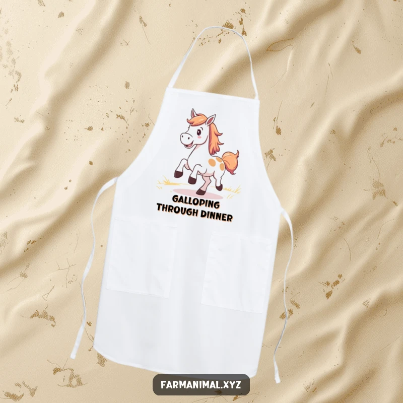 Funny Horse Apron featuring a smiling horse kicking up its heels in a pasture, ideal for kitchen fun.