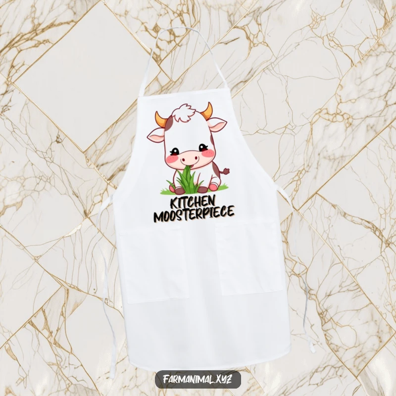 Funny happy cow munching on grass on a practical apron, bringing humorous farm animal tranquility to the kitchen.