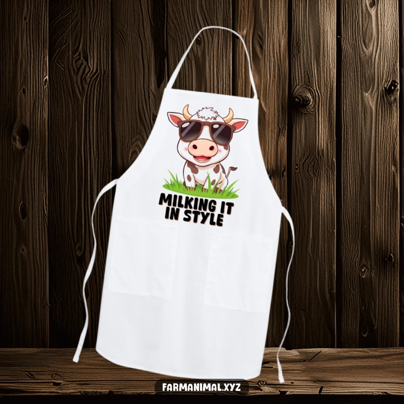 Funny cow wearing sunglasses, happily munching grass on a kitchen apron, for humorous cooking.