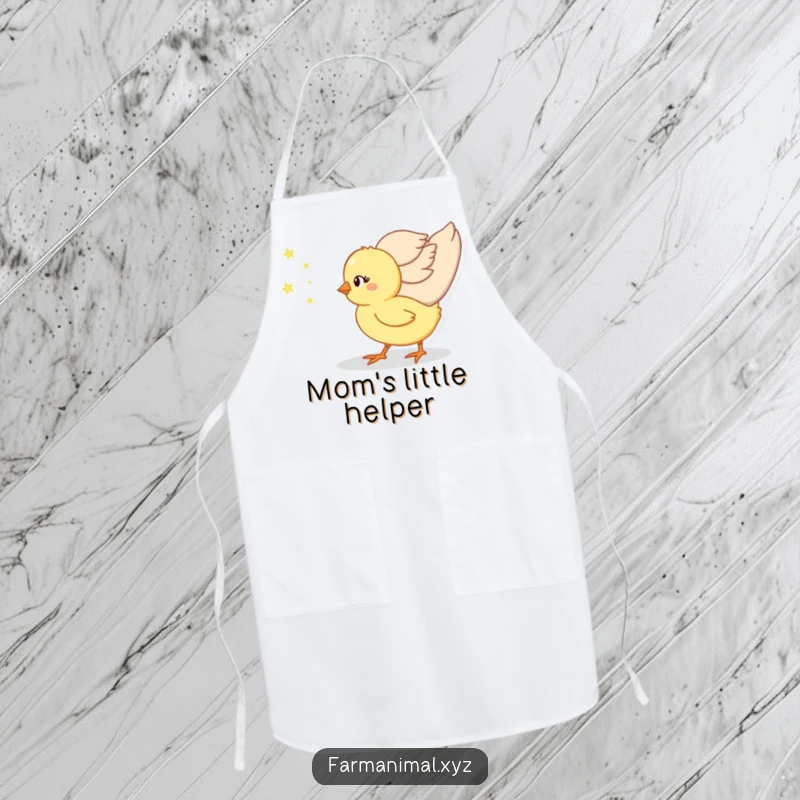 Funny chick trailing its mother on a kitchen apron, a cute and humorous accessory for food lovers.