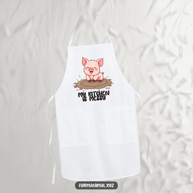 Funny piglet apron, happily covered in pretend mud, ready for kitchen adventures, a humorous cooking accessory, perfect gift.