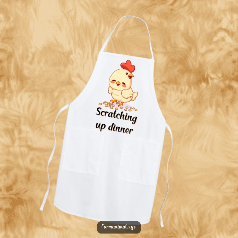 Funny chicken apron, happily pecking seeds, ready for kitchen tasks, a humorous and practical accessory for cooks.
