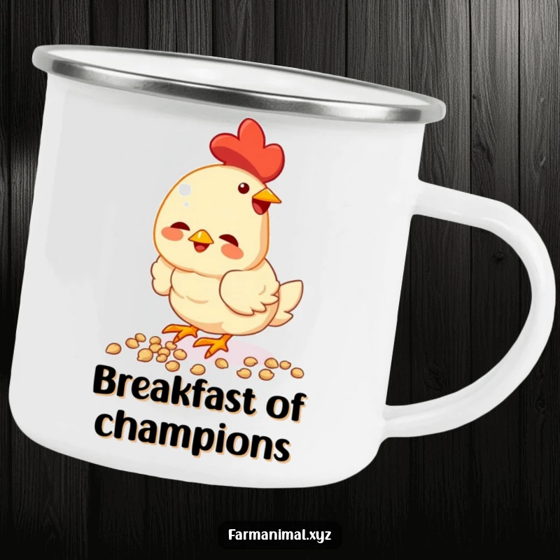 Funny chicken camping mug, enthusiastically pecking seeds, a sturdy and humorous cup for outdoor enthusiasts.