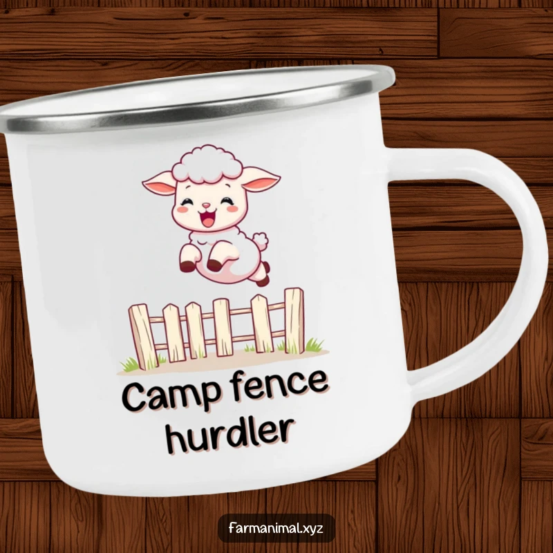 Funny playful lamb leaping over a fence on a durable camping mug, ideal for outdoor trips and humorous farm animal fans.