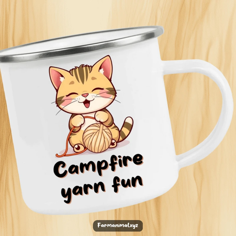 Funny Barn Cat Camping Mug with a playful cat batting a ball of yarn, durable and charming.