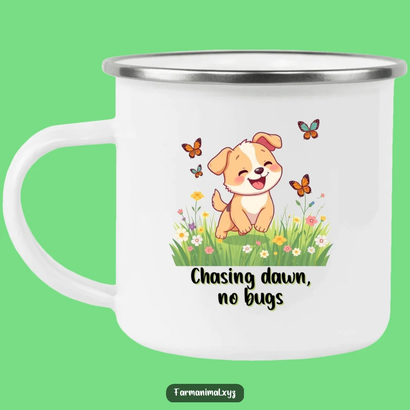 Funny Dog Butterfly Chase Camping Mug, Happy Pup Cup, Great Funny Gift