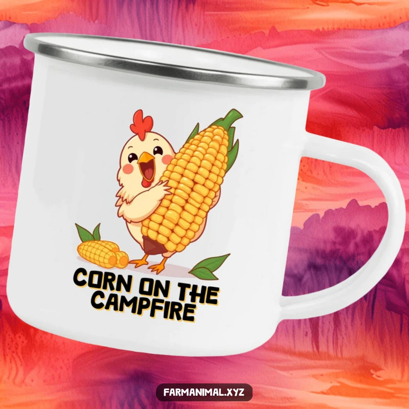 Funny camping mug with a cheerful chicken pecking at a giant corn cob, perfect for outdoor drinks.