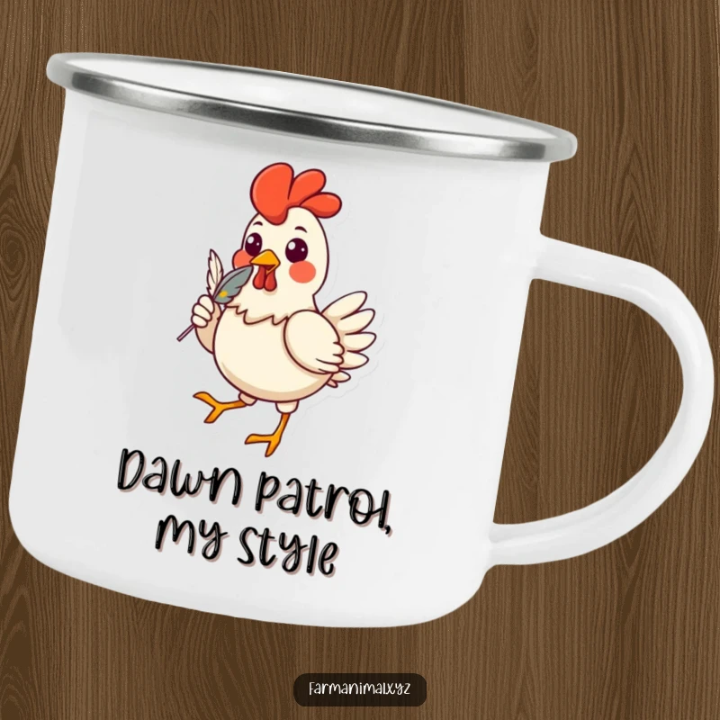 Funny chicken camping mug showing a cheerful strutting character with a feather in its beak, designed for outdoor fun and humorous hydration.