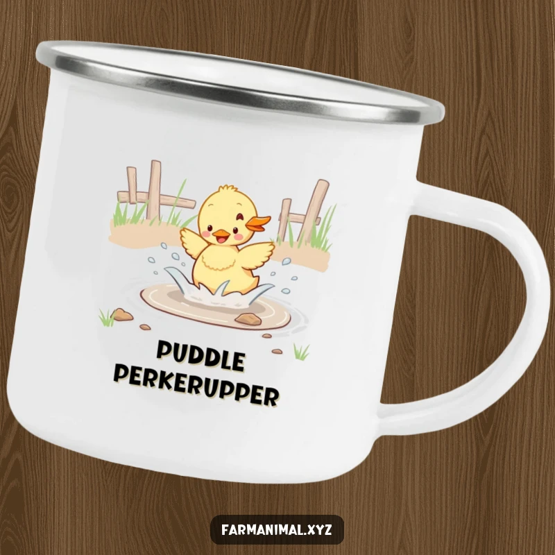 Funny duckling enthusiastically splashing in a barnyard puddle, a sturdy humorous camping mug for outdoor lovers.