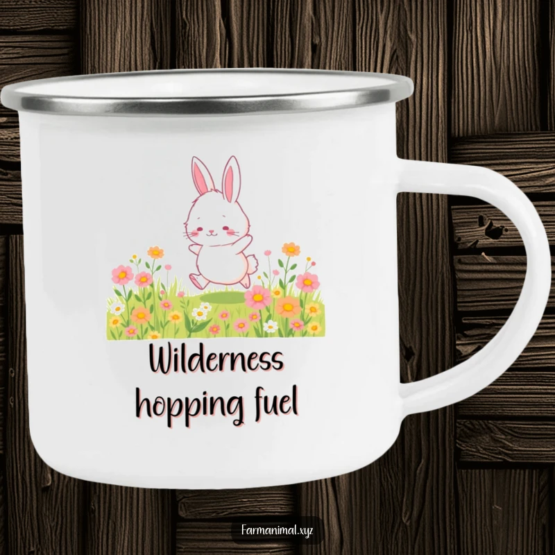Funny bunny camping mug showing a fluffy bunny character hopping through a wildflower field, perfect for outdoor enthusiasts.