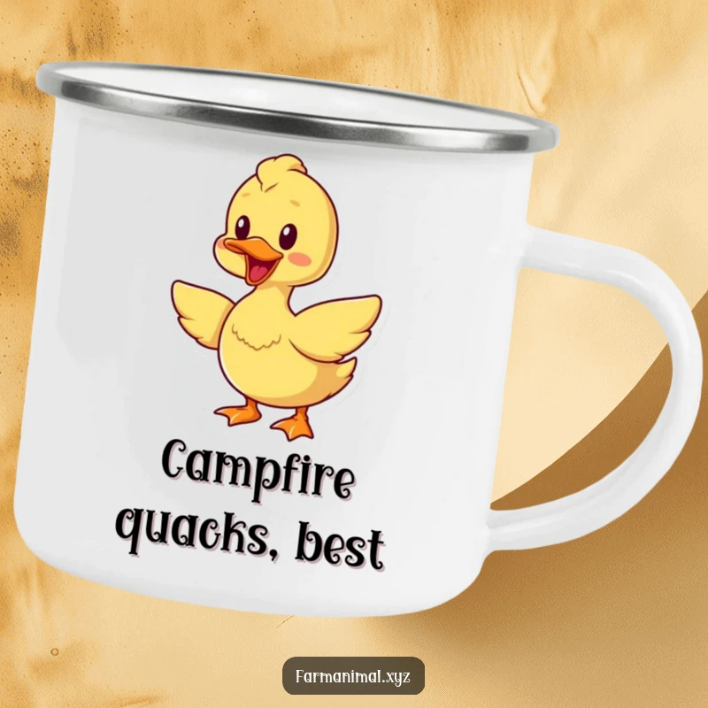 Funny cheerful duck camping mug, quacking and flapping wings, a sturdy and humorous cup for outdoor enthusiasts.