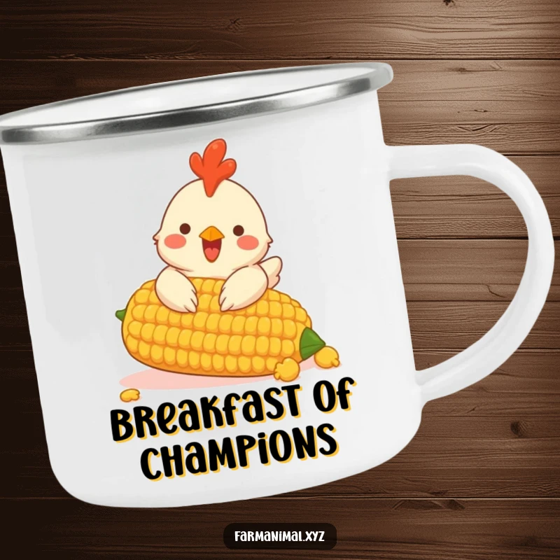 Funny dog camping mug showing a cheerful chicken pecking at a giant corn cob, ready for adventure.