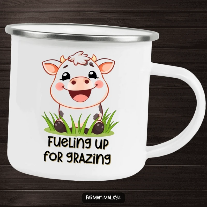 Funny Cow Camping Mug showcasing a wide-grinned cow cheerfully munching grass, built tough for outdoor excursions and morning brews.