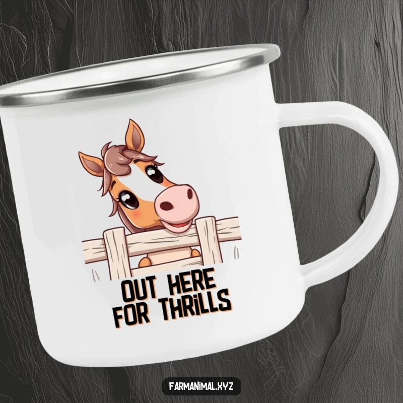 Funny Horse Camping Mug showing a curious horse with wide, inviting eyes looking over a fence, designed for outdoor humor and durability.