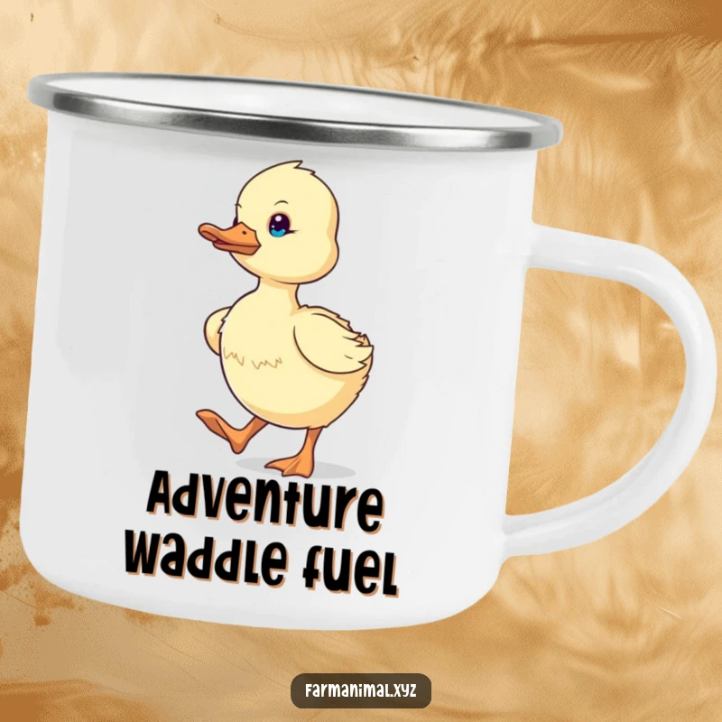 Funny determined duckling waddling energetically on a durable camping mug, ideal for outdoor pursuits and humorous farm animal fans.