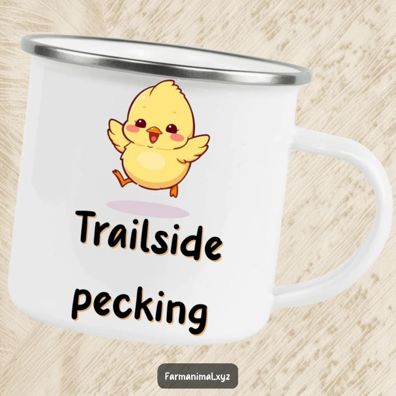 Funny chick camping mug showing a fluffy chick hopping around excitedly, ideal for outdoor warmth and smiles.