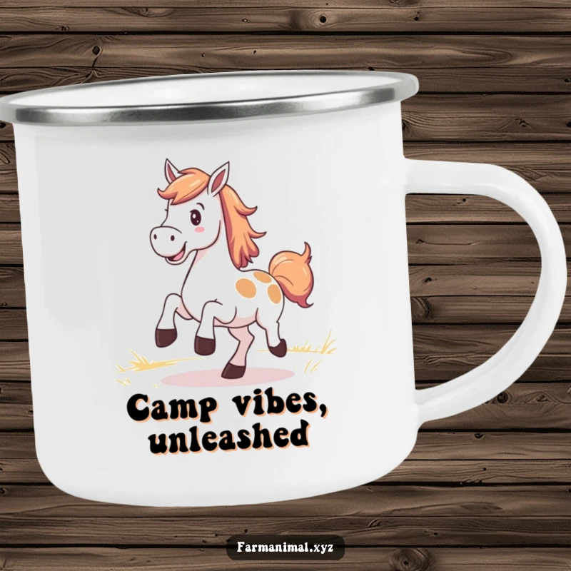 Funny Horse Camping Mug with a smiling horse kicking up its heels in a pasture, durable and cheerful.