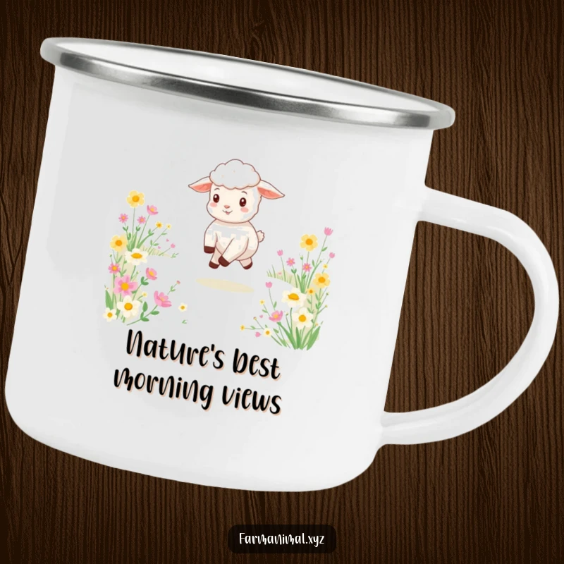 Funny camping mug with a delightful lamb skipping through a flower-filled meadow, designed for durability and outdoor enjoyment.