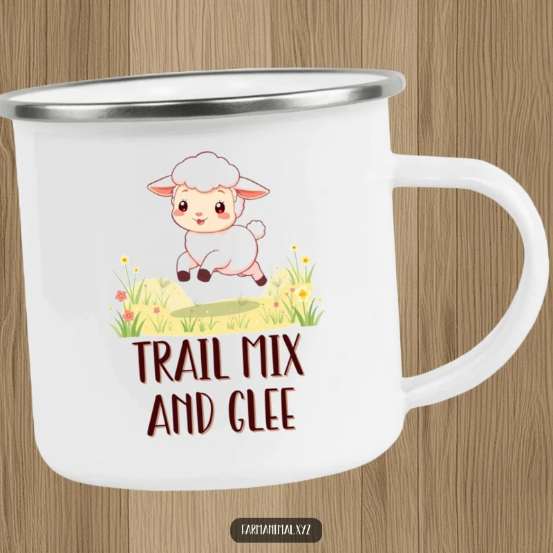 Funny lamb camping mug depicting a playful character skipping through a meadow, perfect for outdoor adventures with humorous, cheerful vibes.