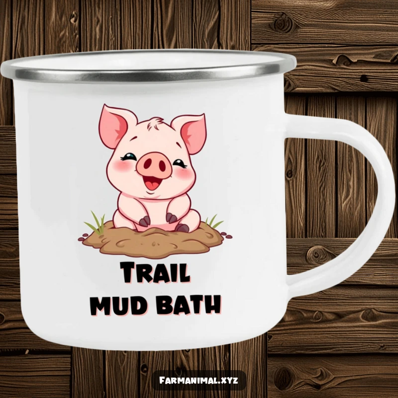 Funny cheerful piglet rolling in mud on a durable camping mug, ideal for outdoor excursions and humorous farm animal fans.