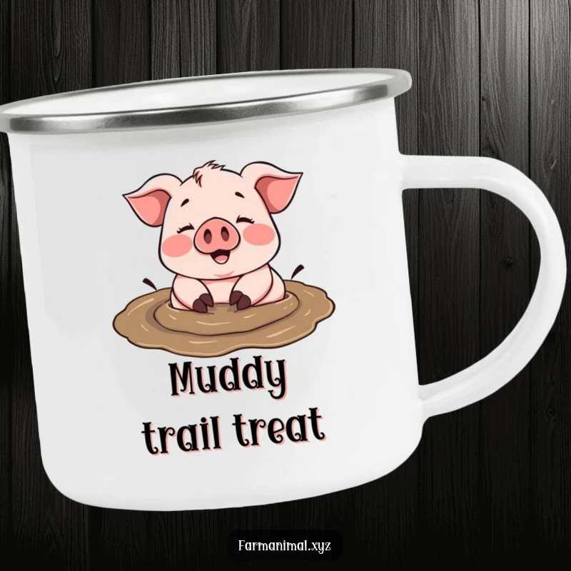 Funny cheerful pig happily rolling in a mud puddle, a happy companion for outdoor adventures on a camping mug.