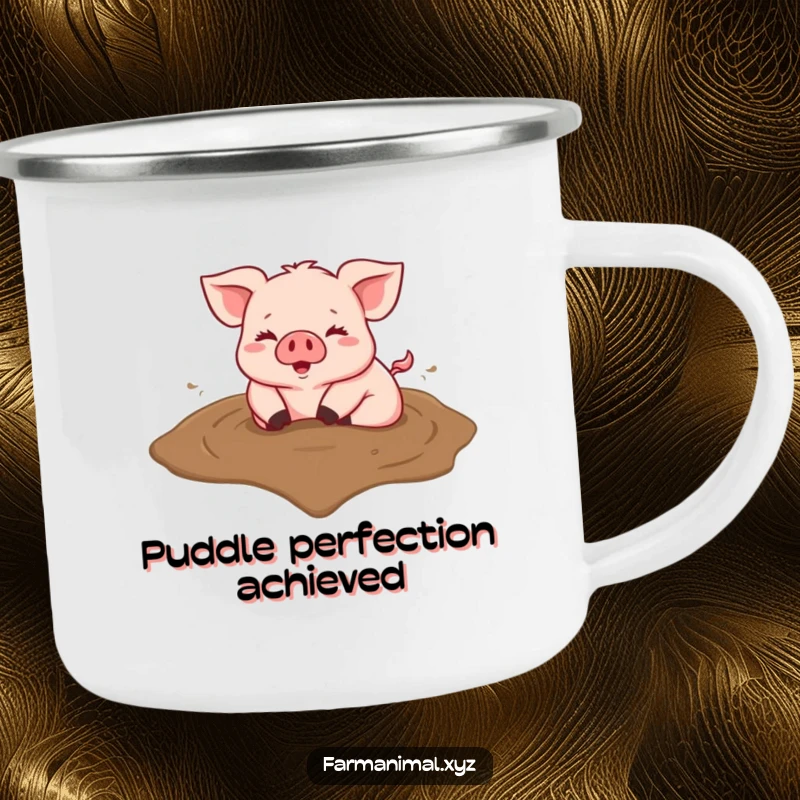 Funny dog camping mug showing a happy pig rolling in a heart-shaped mud puddle, ready for adventure.