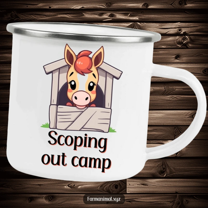 Funny horse camping mug showing a curious horse character peeking over a stable door, perfect for outdoor enthusiasts.