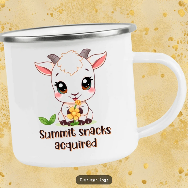 Funny goat camping mug showing a curious goat with wide eyes, nibbling a flower, ideal for outdoor warmth.