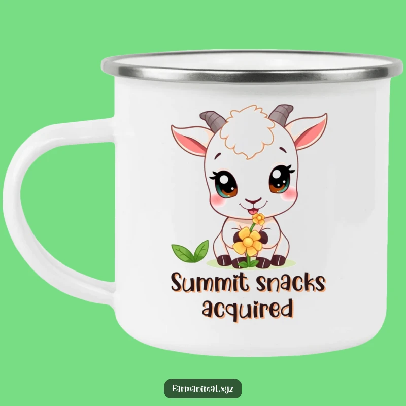 Funny Curious Goat Camping Mug: Flower Nibbler Wide Eyes, Cute Funny Gift for Outdoors