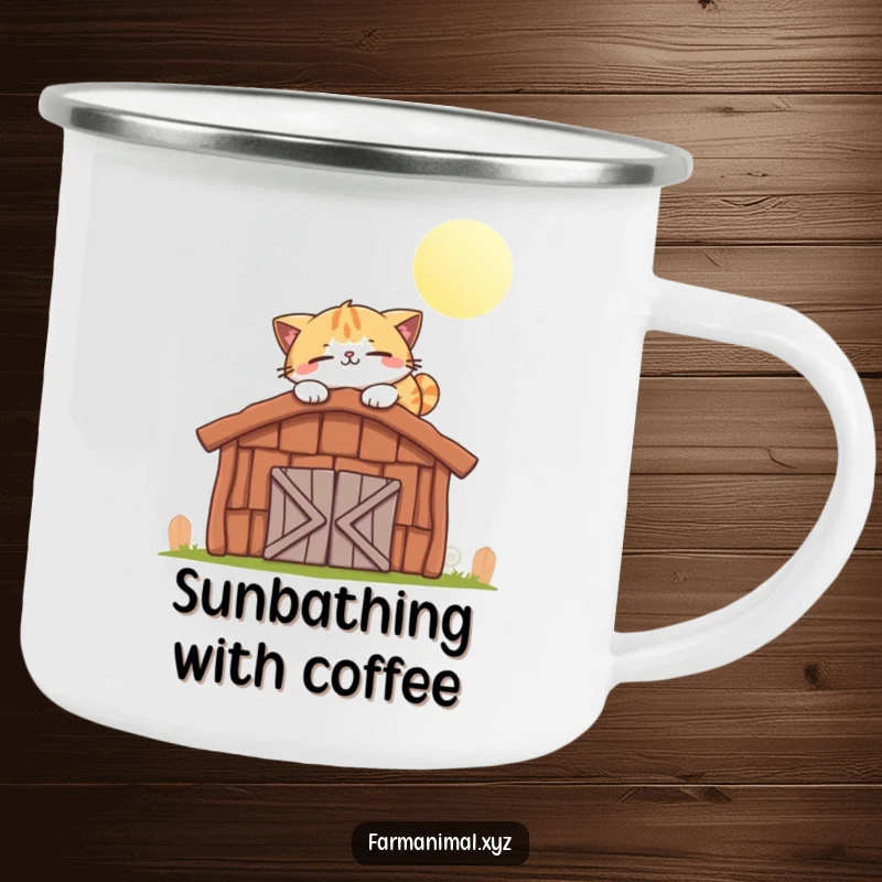 Funny cat camping mug showing a smiling cat character happily napping on a warm, sunlit barn roof.