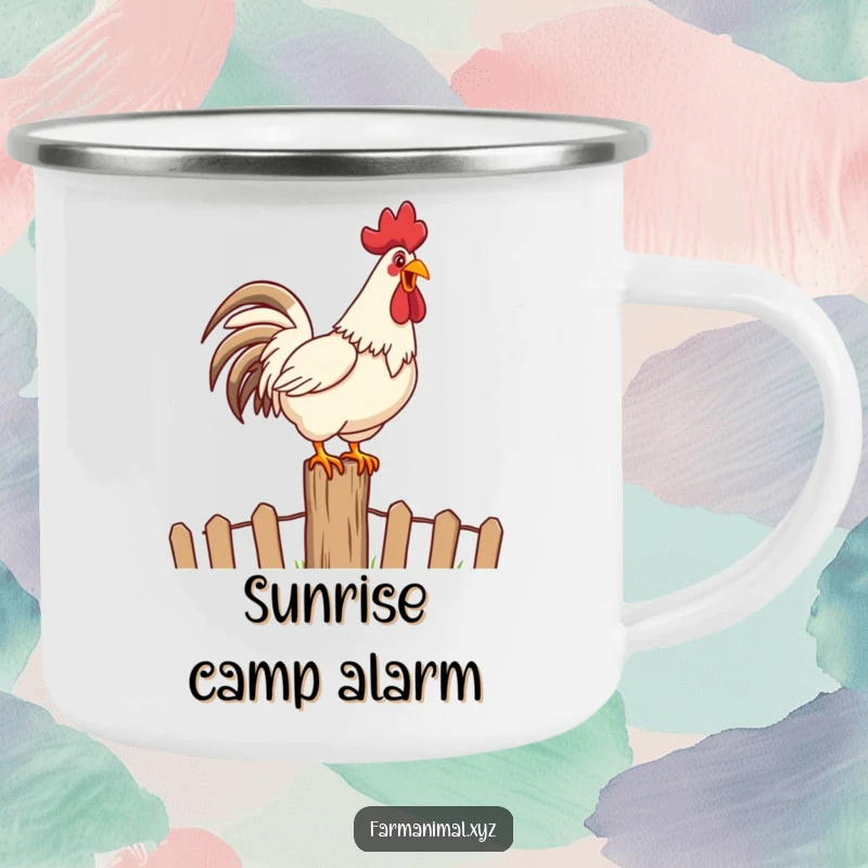 Funny Rooster Crowing Camping Mug with a happy rooster loudly crowing on top of a fence post, durable and spirited.